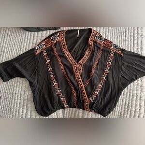 Free People Embroidered Black and Orange Women's Top with Beading Detail